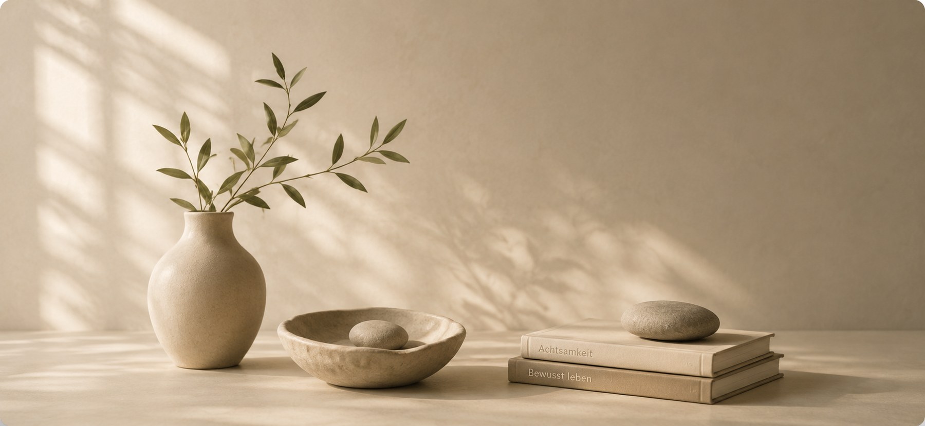 Ruhiges Stillleben: Vase mit Olivenzweig, Schale mit einem Stein und zwei Bücher auf einem hellen Tisch