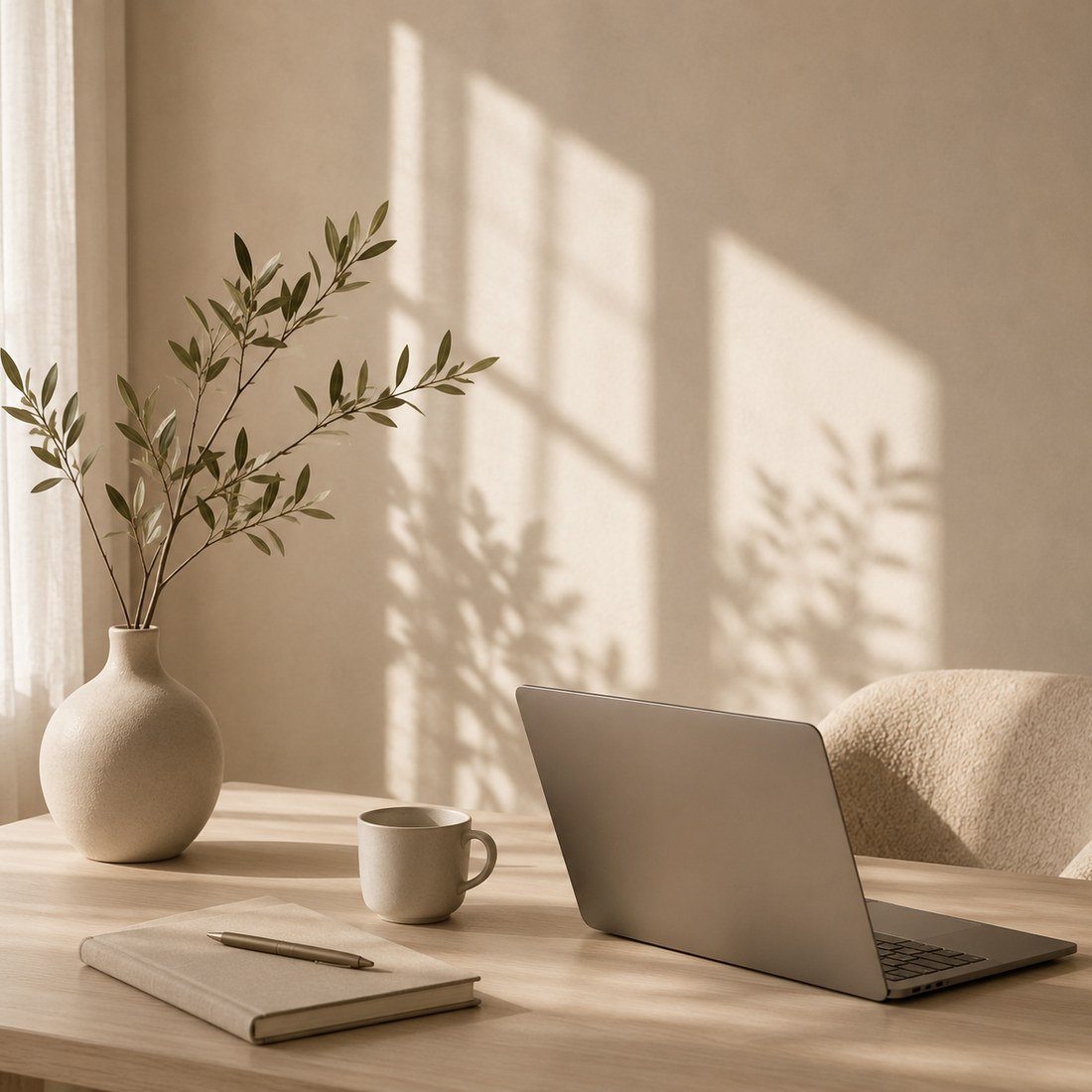 Aufgeräumter Schreibtisch mit Laptop, Notizbuch und Olivenzweig